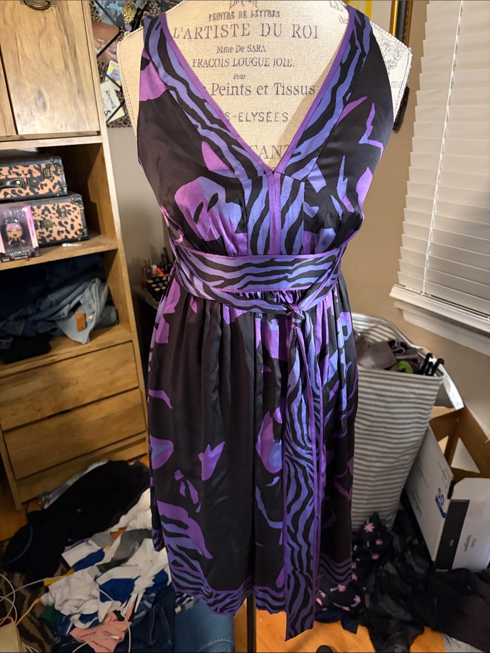 ECI Purple and Black Silk Sleeveless V-Neck Dress - 2